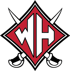 Wade Hampton High School Logo Solid Color.  The design shows a red diamond shield, with a large W and H in the center. Behind the diamond shield are silver swords crossing in an x pattern.